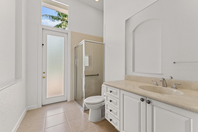 bathroom with toilet, tile patterned floors, an enclosed shower, and vanity