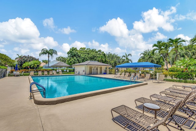 view of swimming pool featuring a patio area