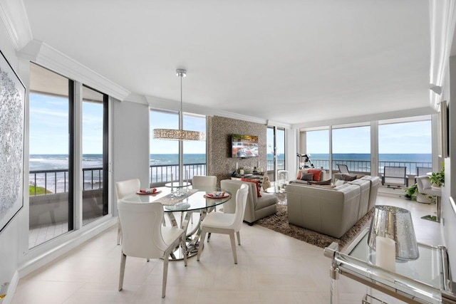 dining area featuring plenty of natural light, a water view, and crown molding