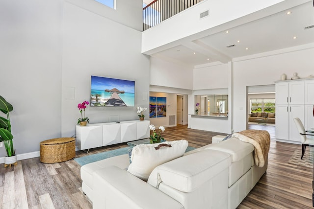 living room with hardwood / wood-style flooring and a high ceiling