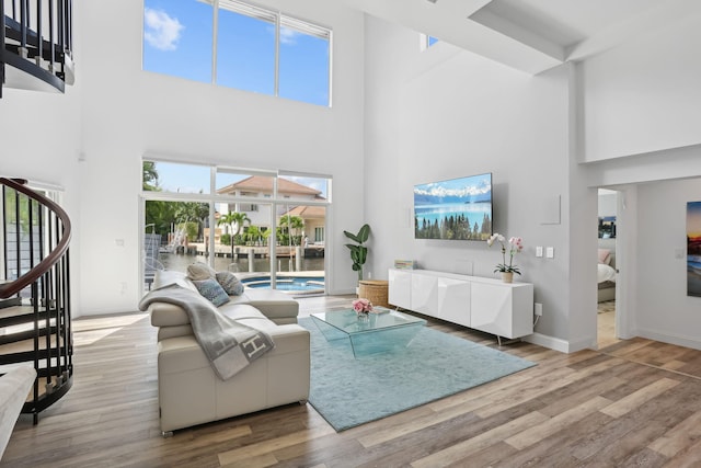 living room featuring light hardwood / wood-style floors, a high ceiling, and plenty of natural light