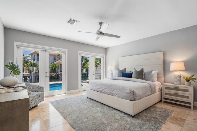 tiled bedroom with french doors, ceiling fan, and access to exterior