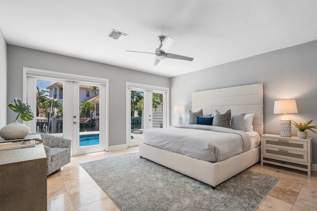 5533 Rico Dr, Boca Raton, FL 33487 - bedroom with french doors, access to outside, light tile patterned floors, a ceiling fan, and baseboards