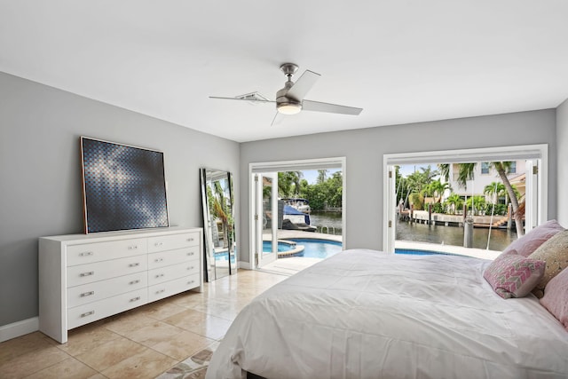 5533 Rico Dr, Boca Raton, FL 33487 - bedroom with access to outside, baseboards, ceiling fan, and a water view