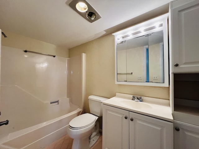 full bathroom with washtub / shower combination, vanity, toilet, and tile patterned floors