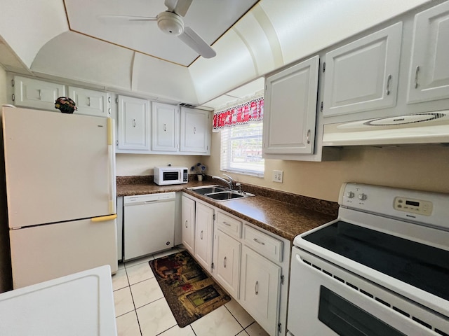 kitchen with sink, white appliances, white cabinetry, range hood, and light tile patterned flooring