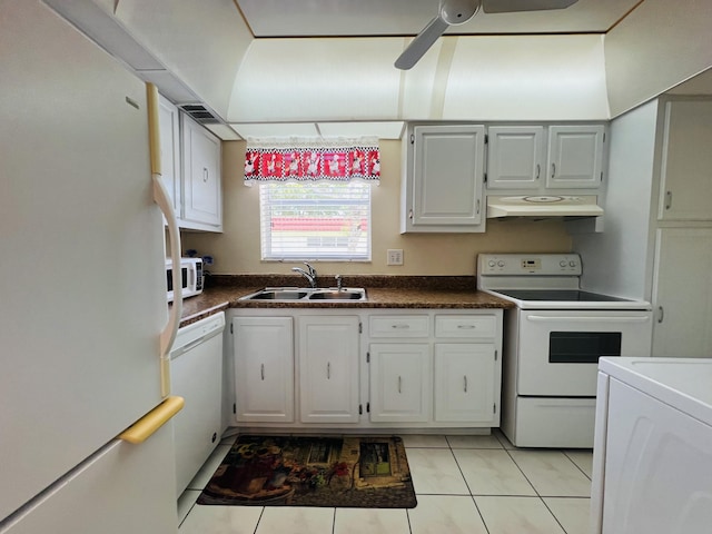 kitchen featuring sink, white cabinetry, light tile patterned floors, ceiling fan, and white appliances