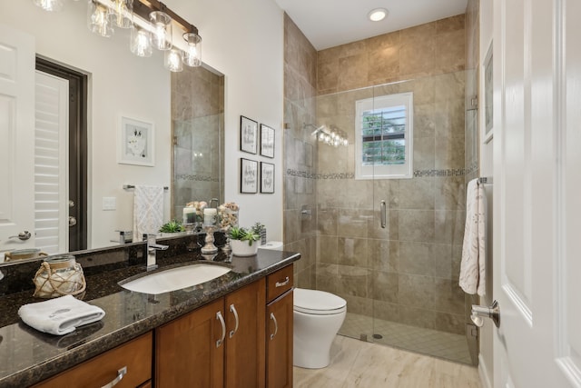 bathroom featuring vanity, a shower with door, and toilet