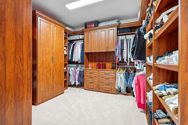 walk in closet featuring light carpet