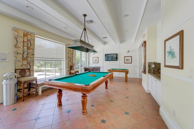 recreation room featuring a tray ceiling, light tile patterned flooring, and billiards