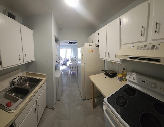 kitchen featuring white cabinetry, white appliances, a sink, a ceiling fan, and ventilation hood