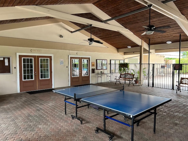 game room featuring high vaulted ceiling, french doors, carpet flooring, plenty of natural light, and beam ceiling