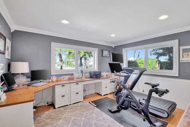 workout room with a wealth of natural light, light hardwood / wood-style flooring, and ornamental molding