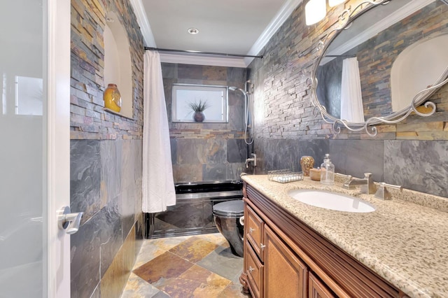 bathroom featuring tile walls, curtained shower, vanity, crown molding, and toilet