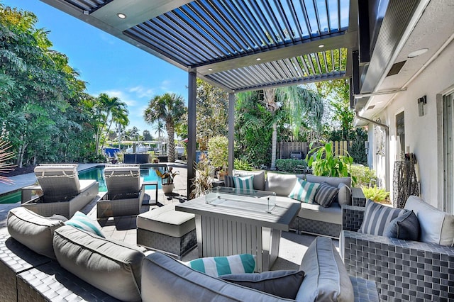 view of patio / terrace with a fenced in pool, outdoor lounge area, and a pergola