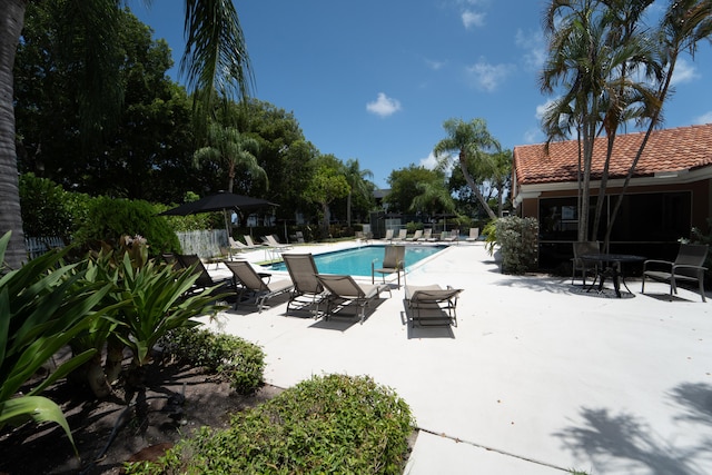 view of swimming pool featuring a patio area