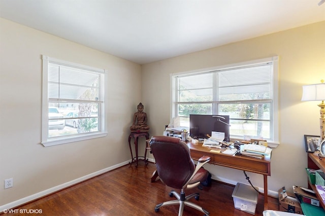 home office with dark wood-type flooring