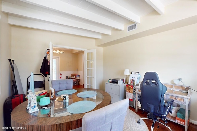 office space with beamed ceiling, french doors, an inviting chandelier, and hardwood / wood-style floors