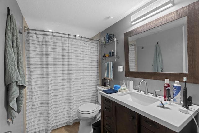 full bathroom with a textured ceiling, a shower with shower curtain, vanity, and toilet