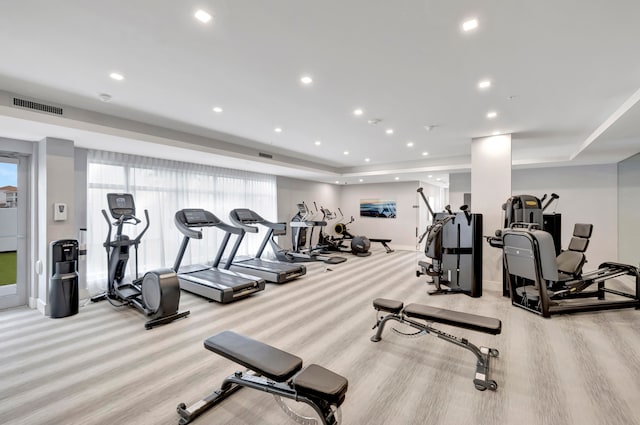 exercise room with light hardwood / wood-style flooring and a raised ceiling