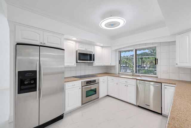 kitchen featuring a raised ceiling, sink, appliances with stainless steel finishes, white cabinetry, and decorative backsplash