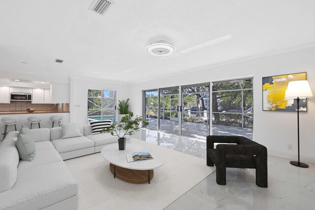 living room with sink and ornamental molding