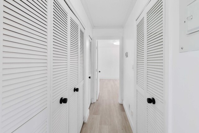 corridor featuring light hardwood / wood-style floors and ornamental molding