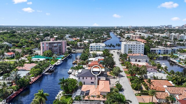 aerial view featuring a water view