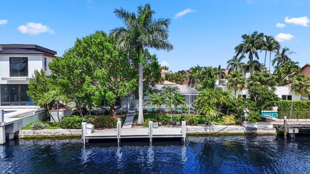 view of dock featuring a swimming pool and a water view