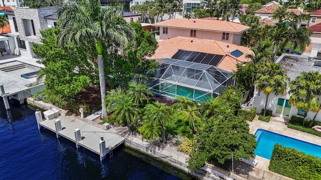 aerial view featuring a water view