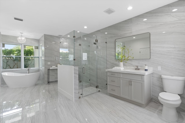 full bathroom with tile patterned flooring, tile walls, vanity, and plus walk in shower