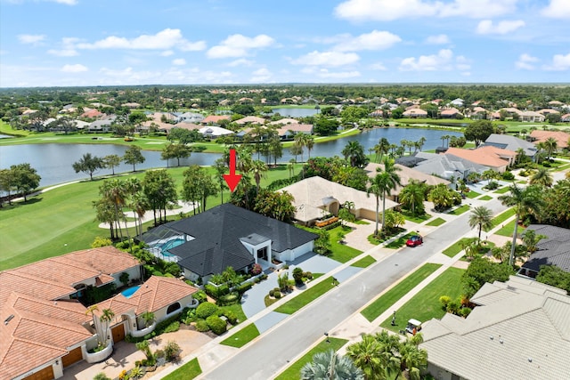 drone / aerial view featuring a water view