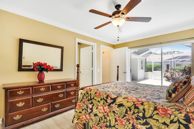 bedroom featuring ornamental molding, access to outside, ceiling fan, and light wood-type flooring