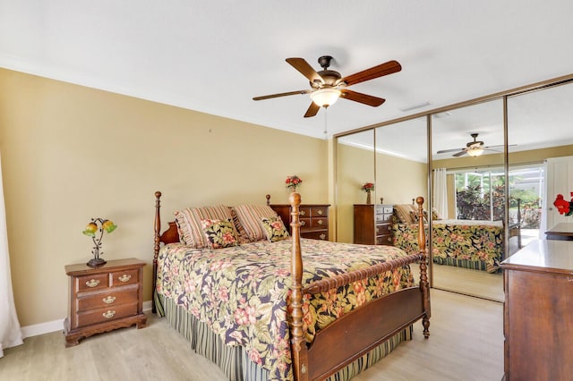 bedroom featuring light wood-type flooring, access to outside, ornamental molding, a closet, and ceiling fan