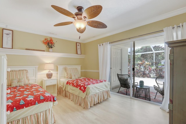 bedroom featuring ornamental molding, access to outside, ceiling fan, and light hardwood / wood-style flooring