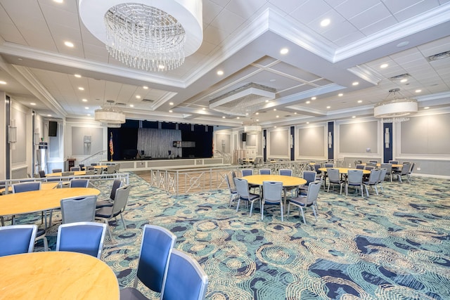 interior space featuring an inviting chandelier, ornamental molding, and coffered ceiling