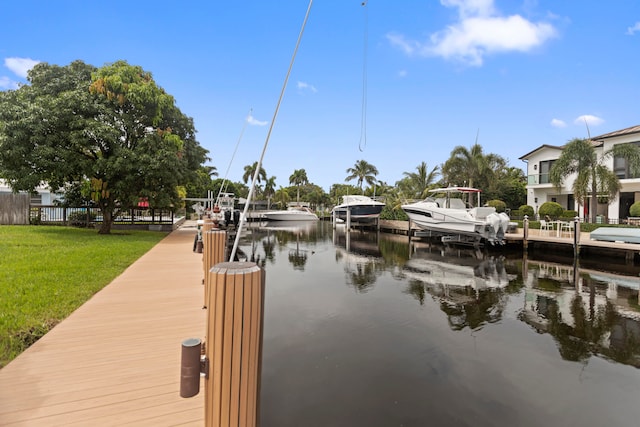 view of dock featuring a water view and a lawn