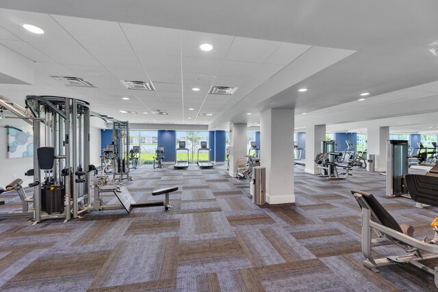 workout area featuring a drop ceiling and carpet