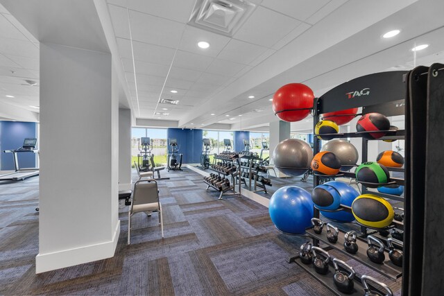 workout area featuring a healthy amount of sunlight, carpet, and a drop ceiling