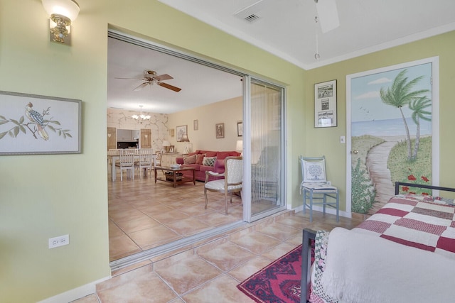 bedroom with ceiling fan with notable chandelier and light tile patterned floors