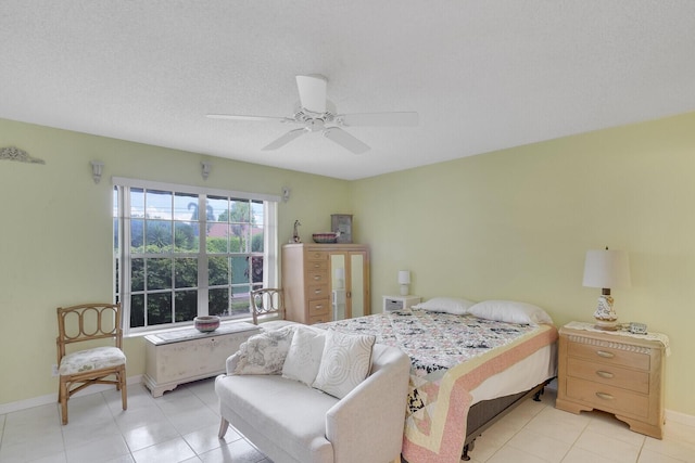 bedroom featuring ceiling fan and a textured ceiling