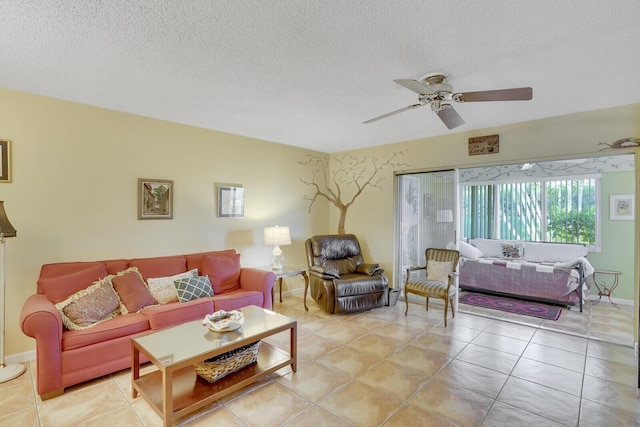 tiled living room featuring ceiling fan and a textured ceiling