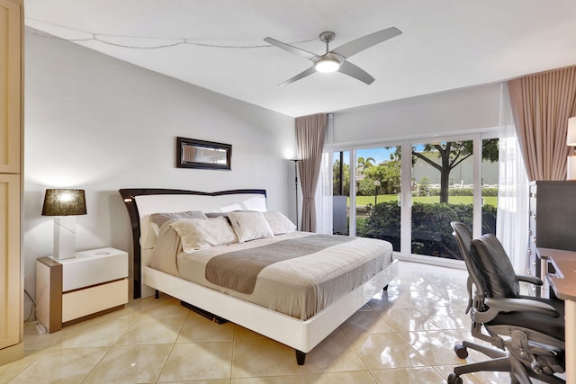 tiled bedroom with ceiling fan, vaulted ceiling, and access to outside