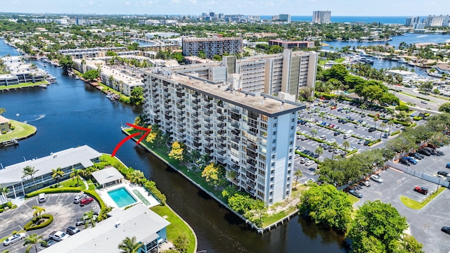 bird's eye view with a water view