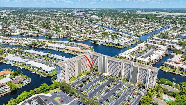 bird's eye view with a water view