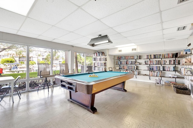 game room with a drop ceiling, billiards, and light parquet floors