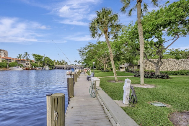 dock area with a water view and a lawn