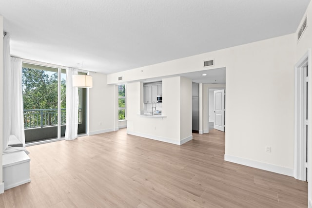 unfurnished living room with sink and light hardwood / wood-style floors