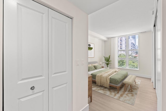 bedroom with a closet and light hardwood / wood-style floors