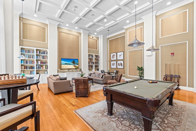 game room featuring coffered ceiling, pool table, beamed ceiling, and light hardwood / wood-style floors